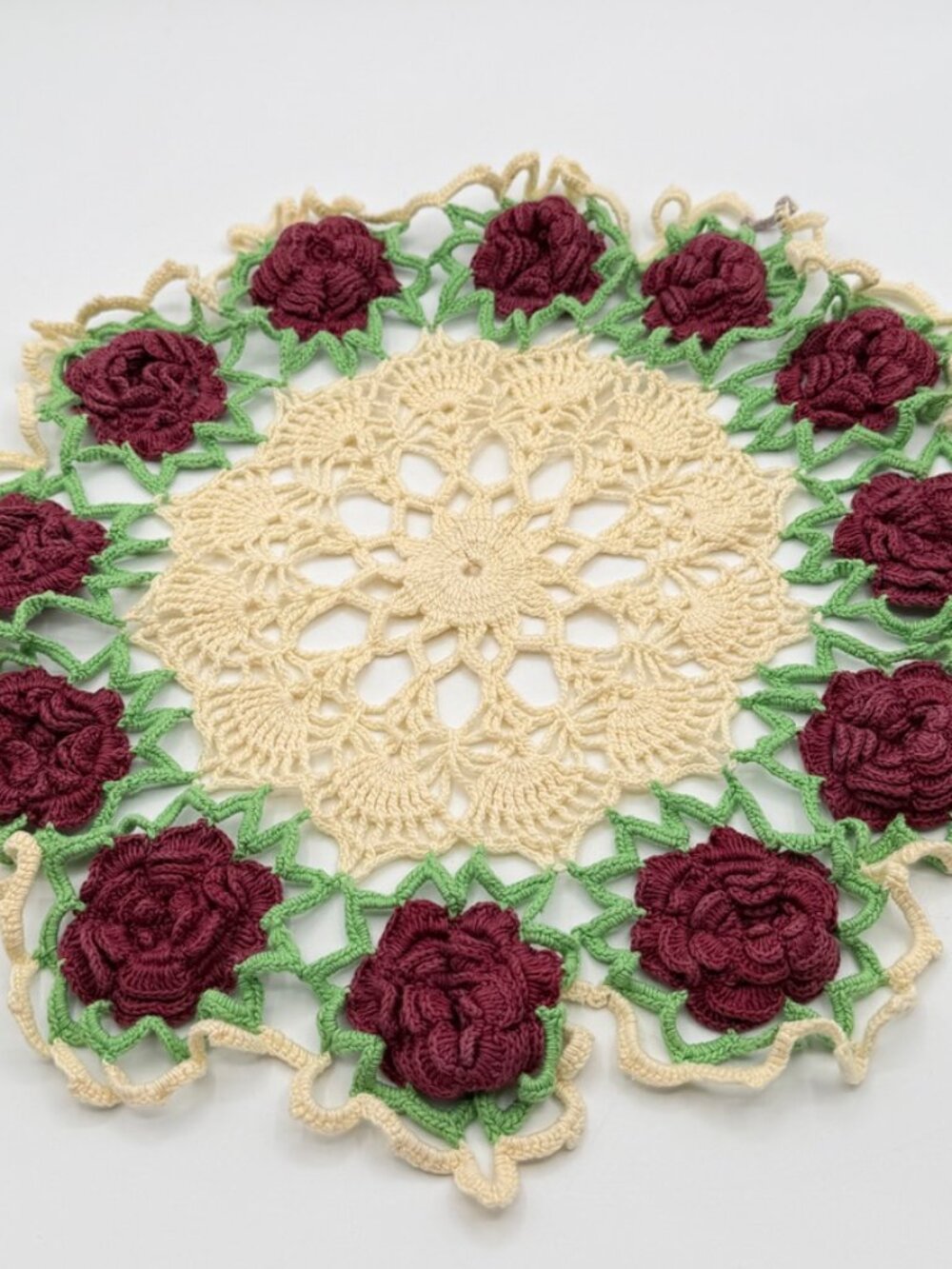 Vintage Hand Crocheted Lace Roses Doily Centerpiece 15” Cottagecore